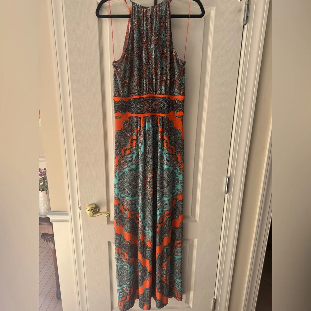 London Times Size 12 Medallion Sleeveless Halter Maxi Dress Orange and Blue NWOT